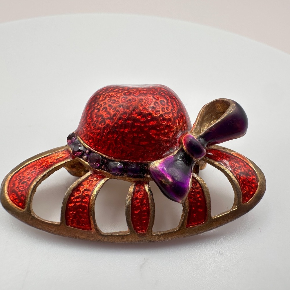 Vintage 80s Red Enamel Sun Hat Gold Tone Brooch Pin Purple Glass Rhinestone Bow